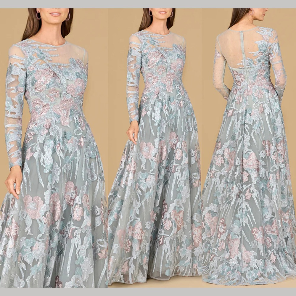 NWT $698 LARA NY‎ [ 12 ] 29145 Illusion Neck Long Sleeve Ballgown Slate S1904
